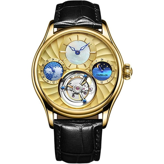 AESOP Analog Manual Winding Mechanical Wrist Watch Men's Stainless Steel and Leather Sapphire Male Skeleton Tourbillon Moon Phase Clock Waterproof Luminous