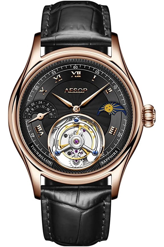 Analog Mechanical Hand-Wind Wrist Watch Men's Stainless Steel and Leather Sapphire Male Skeleton Real Tourbillon Moon Phase Clock Waterproof Chronograph