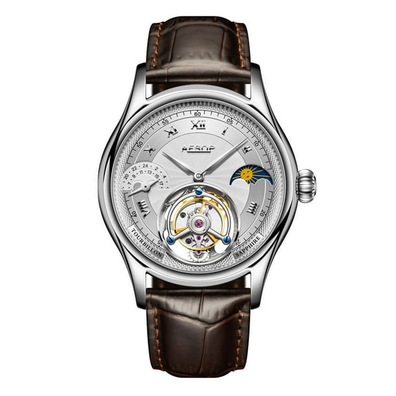 AESOP Analog Mechanical Hand-Wind Wrist Watch Men's Stainless Steel and Leather Sapphire Male Skeleton Real Tourbillon Moon Phase Clock Waterproof Chronograph