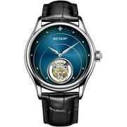 AESOP Analog Mechanical Hand-Wind Wrist Watch Mens Stainless Steel and Leather Sapphire Male Skeleton Real Tourbillon Clock Waterproof Luminous