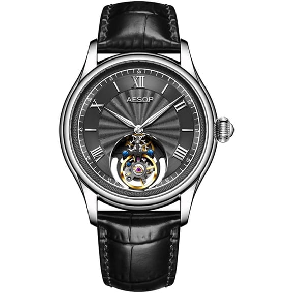 AESOP Chronograph Tourbillon Skeleton Mechanical Hand-Wind Wrist Watch Men Sapphire Crystal Manual Wind Special Hollow Business Dress Clock Male Luminous Stainless Steel Leather