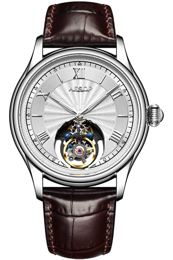 Chronograph Tourbillon Skeleton Mechanical Hand-Wind Wrist Watch Men Sapphire Crystal Manual Wind Special Hollow Business Dress Clock Male Luminous Stainless Steel Leather