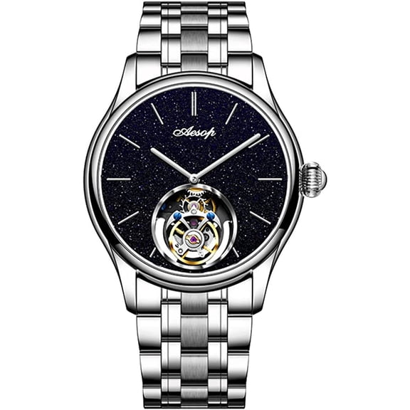 AESOP Classic Real Tourbillon Skeleton Hand-Wind Mechanical Wrist Watch Men Sapphire Crystal Manual Wind Business Dress Clock Man Stainless Steel Leather Strap Sand Stone Dial Wristwatches