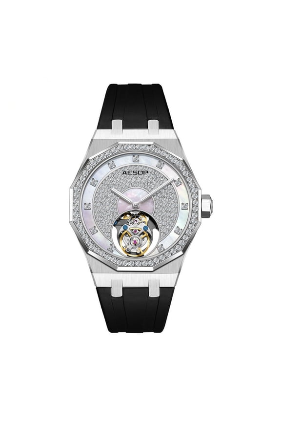 Flying Tourbillon Skeleton Diamond Dial Mechanical Hand Wind Wrist Watch Men Sapphire Crystal Business Double-sided Hollow Waterproof Clock Man Luminous Steel Rubber Wristwatch
