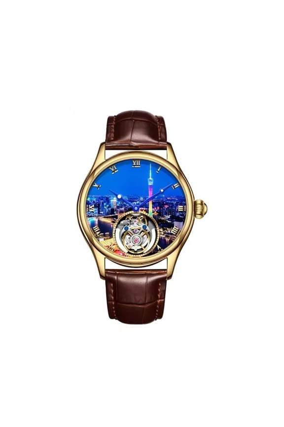 Flying Tourbillon Skeleton Mechanical Hand Wind Wrist Watch Men Sapphire Crystal Diamond Business Double-sided Hollow Waterproof Clock Man Luminous Steel Leather Wristwatch Chinese Cities Dial