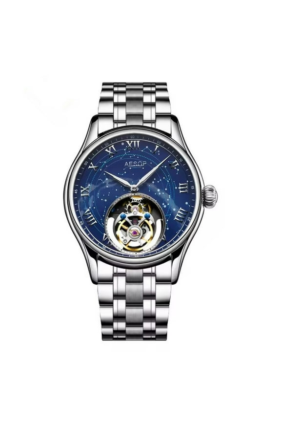 Flying Tourbillon Skeleton Mechanical Hand Wind Wrist Watch Men Sapphire Crystal Diamond Business Double-sided Hollow Waterproof Clock Man Luminous Steel Leather Starry Wristwatch