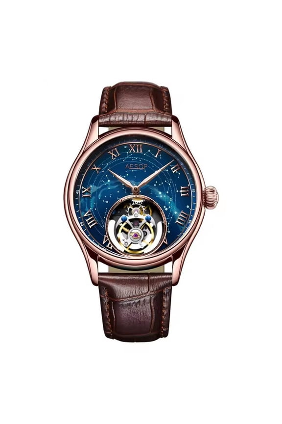 Flying Tourbillon Skeleton Mechanical Hand Wind Wrist Watch Men Sapphire Crystal Diamond Business Double-sided Hollow Waterproof Clock Man Luminous Steel Leather Starry Wristwatch