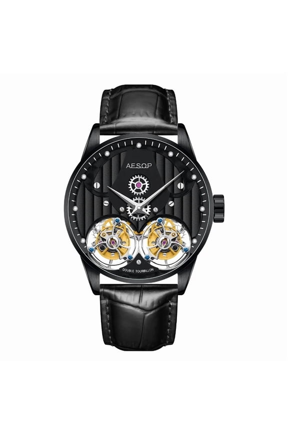 Luxury Dual Tourbillon Mechanical Wristwatches Men Sapphire Glass Leather Strap Gentleman Skeleton Hollow Waterproof Watch
