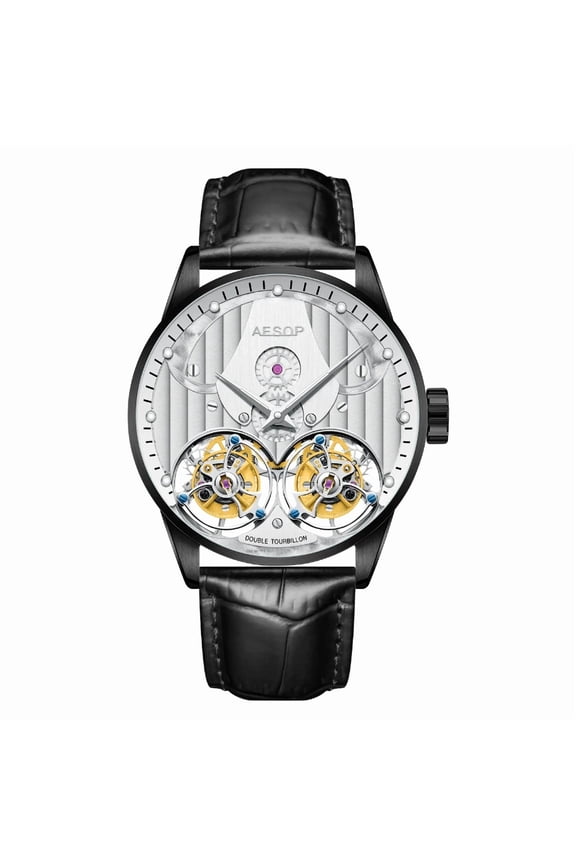 Luxury Dual Tourbillon Mechanical Wristwatches Men Sapphire Glass Leather Strap Gentleman Skeleton Hollow Waterproof Watch