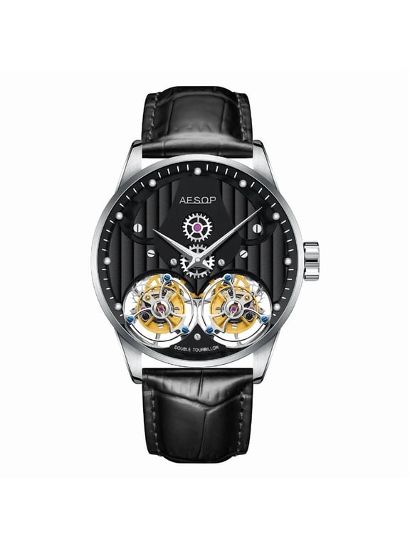 Luxury Dual Tourbillon Mechanical Wristwatches Men Sapphire Glass Leather Strap Gentleman Skeleton Hollow Waterproof Watch