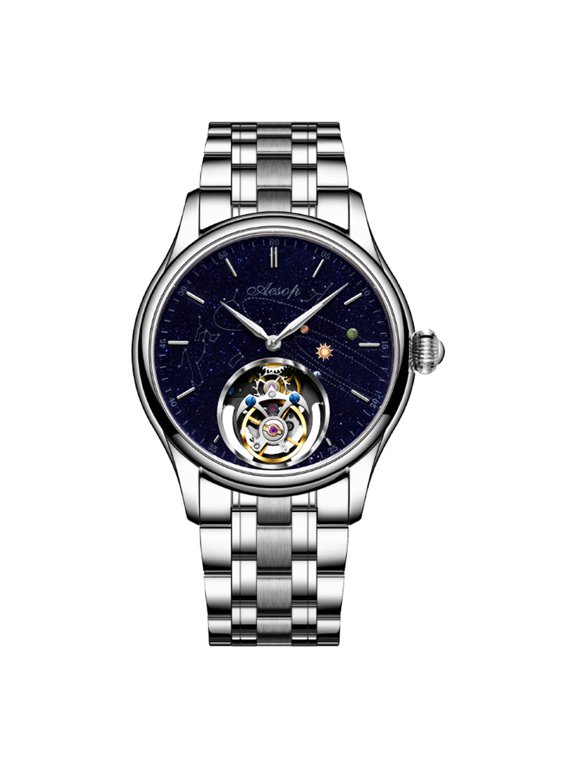 Mechanical Hand Wind Skeleton Tourbillon Wrist Watch Men Stainless Steel Sapphire Crystal Leather Luminous Clock Waterproof Galaxy Starry Sky Micro Paint Earth