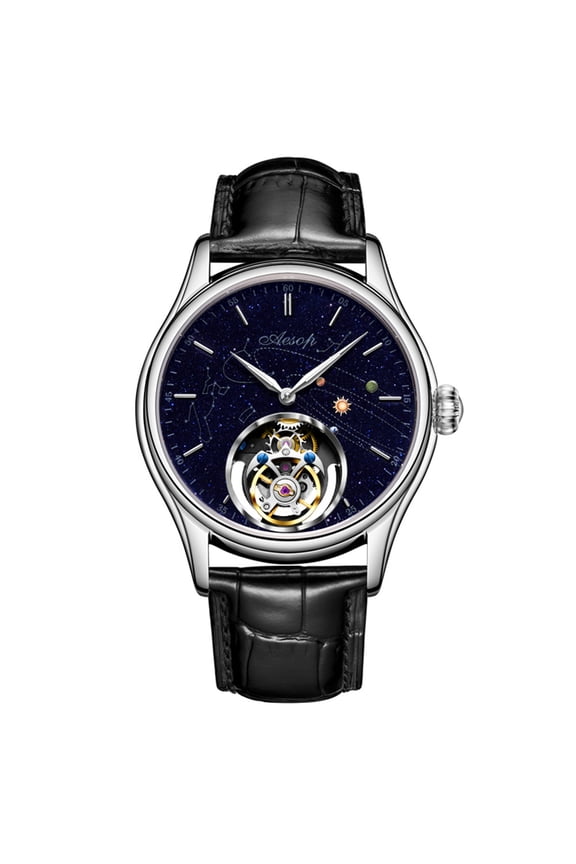 Mechanical Hand Wind Skeleton Tourbillon Wrist Watch Men Stainless Steel Sapphire Crystal Leather Luminous Clock Waterproof Galaxy Starry Sky Micro Paint Earth