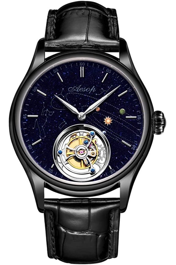 Mechanical Hand-Wind Skeleton Tourbillon Wrist Watch Men Stainless Steel Sapphire Crystal Leather Luminous Clock Waterproof Galaxy Starry Sky Micro Paint Earth