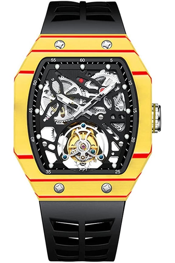 Mechanical Hand-Wind Square Wrist Watch Men's Stainless Steel and Silicone Sapphire Male Skeleton Real Tourbillon Clock Waterproof Luminous Chronograph
