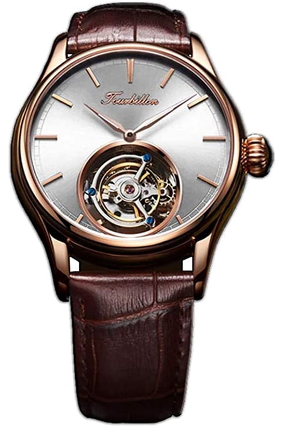 Mechanical Hand-Wind Wristwatch Skeleton Tourbillon Watch Men's Stainless Steel See-Through Back Sapphire Glass Genuine Leather Band Male Luminous Clock Waterproof