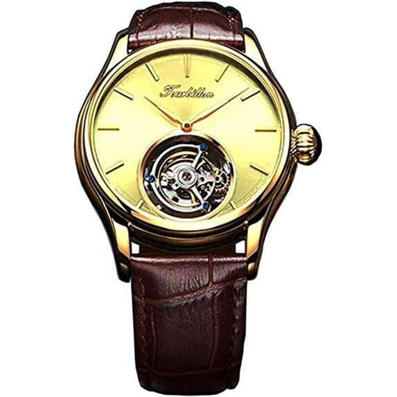 AESOP Mechanical Hand-Wind Wristwatch Skeleton Tourbillon Watch Men's Stainless Steel See-Through Back Sapphire Glass Genuine Leather Band Male Luminous Clock Waterproof
