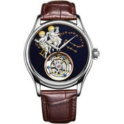 AESOP Men Genuine Mechanical Hand-Wind Skeleton Tourbillon Gemini Wrist Watch Business Dress Watches Leather Strap