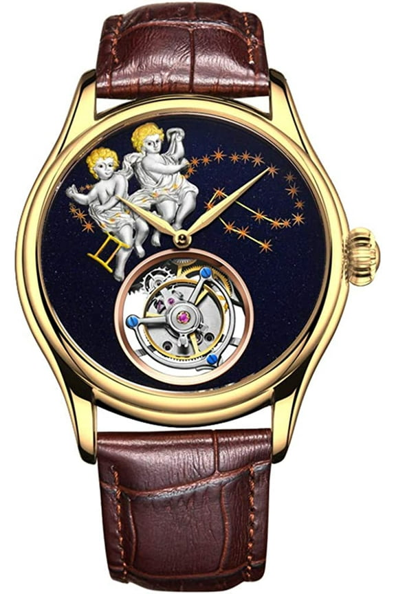 Men Genuine Mechanical Hand-Wind Skeleton Tourbillon Gemini Wrist Watch Business Dress Watches Leather Strap