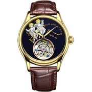 AESOP Men Genuine Mechanical Hand-Wind Skeleton Tourbillon Gemini Wrist Watch Business Dress Watches Leather Strap