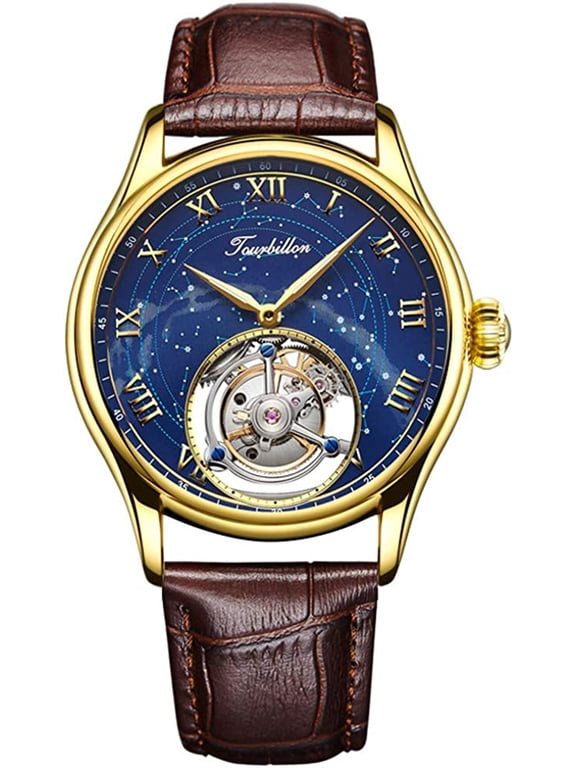 Men Genuine Mechanical Hand-Wind Skeleton Tourbillon Starry Sky Luminous Wrist Watch Business Dress Watches Leather Strap