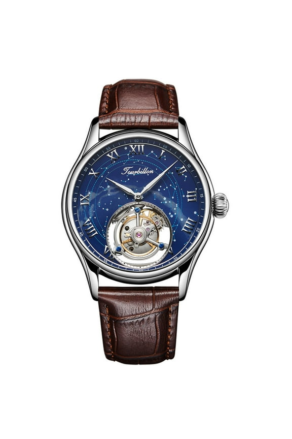 Men Genuine Mechanical Hand-Wind Skeleton Tourbillon Starry Sky Luminous Wrist Watch Business Dress Watches Leather Strap