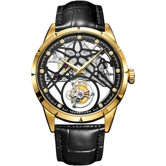 AESOP Men Mechanical Hand-Wind Real Tourbillon Skeleton Business Dress Vintage Luminous Wrist Watch Black Genuine Leather Band Stainless Steel Case Great Gift Choice