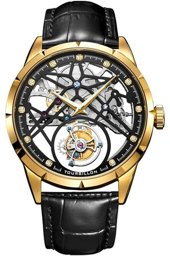 Men Mechanical Hand-Wind Real Tourbillon Skeleton Business Dress Vintage Luminous Wrist Watch Black Genuine Leather Band Stainless Steel Case Great Gift Choice