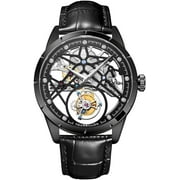 AESOP Men Mechanical Hand-Wind Real Tourbillon Skeleton Business Dress Vintage Luminous Wrist Watch Black Genuine Leather Band Stainless Steel Case Great Gift Choice