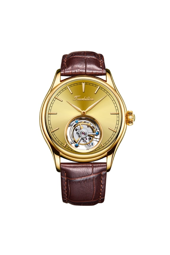 Men Mechanical Tourbillon Watches Hand Wind Sapphire Stainless Steel Skeleton Wrist Watches 50M Waterproof Luxury Business Watch with Genuine Leather Strap