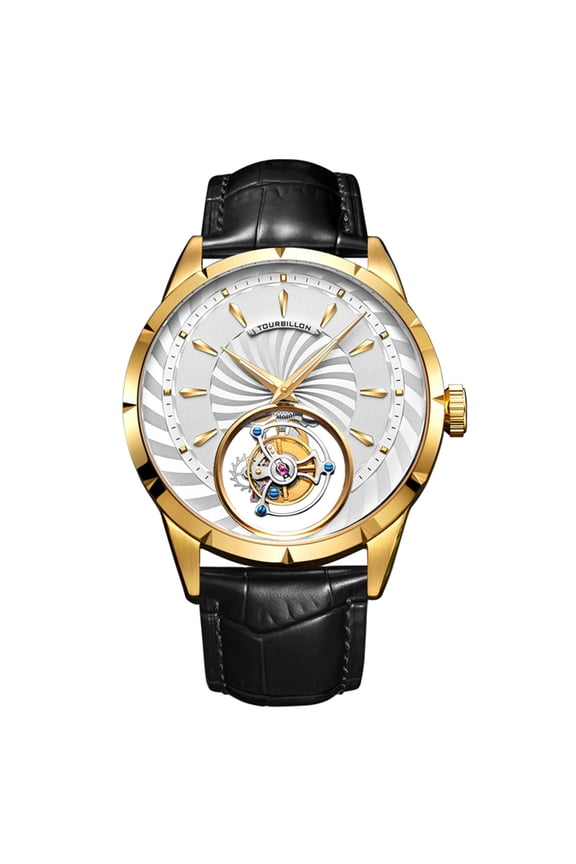 Men Mechanical Tourbillon Watches Hand Wind Sapphire Stainless Steel Skeleton Wrist Watches 50M Waterproof Luxury Business Watch with Genuine Leather Strap
