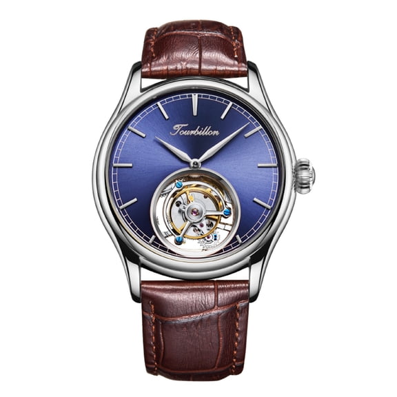 AESOP Men Mechanical Tourbillon Watches Hand Wind Sapphire Stainless Steel Skeleton Wrist Watches 50M Waterproof Luxury Business Watch with Genuine Leather Strap