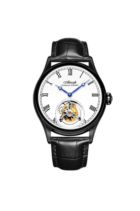 Men Mechanical Tourbillon Watches Hand Wind Sapphire Stainless Steel Skeleton Wrist Watches 50M Waterproof Luxury Business Watch with Genuine Leather Strap