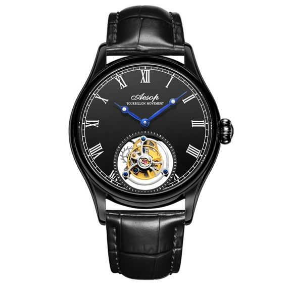 AESOP Men Mechanical Tourbillon Watches Hand Wind Sapphire Stainless Steel Skeleton Wrist Watches 50M Waterproof Luxury Business Watch with Genuine Leather Strap