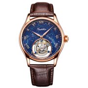 AESOP Men Mechanical Tourbillon Watches Hand Wind Sapphire Stainless Steel Skeleton Wrist Watches 50M Waterproof Luxury Business Watch with Genuine Leather Strap