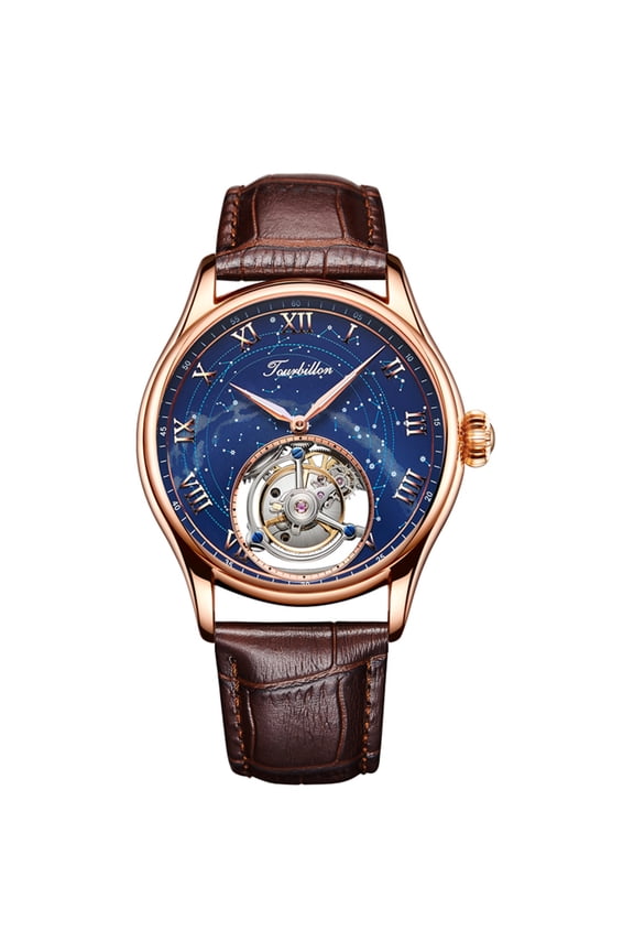 Men Mechanical Tourbillon Watches Hand Wind Sapphire Stainless Steel Skeleton Wrist Watches 50M Waterproof Luxury Business Watch with Genuine Leather Strap