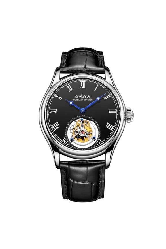 Men Mechanical Tourbillon Watches Hand Wind Sapphire Stainless Steel Skeleton Wrist Watches 50M Waterproof Luxury Business Watch with Genuine Leather Strap