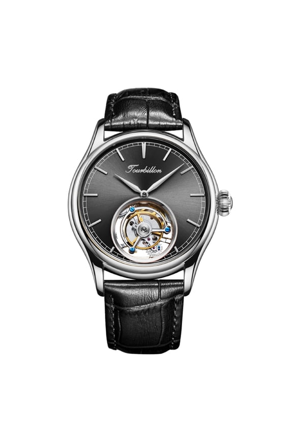 Men Mechanical Tourbillon Watches Hand Wind Sapphire Stainless Steel Skeleton Wrist Watches 50M Waterproof Luxury Business Watch with Genuine Leather Strap