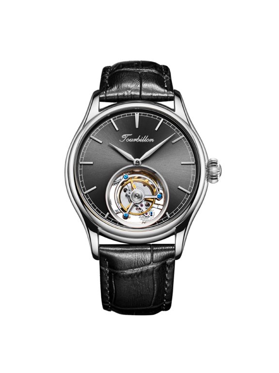 Men Mechanical Tourbillon Watches Hand Wind Sapphire Stainless Steel Skeleton Wrist Watches 50M Waterproof Luxury Business Watch with Genuine Leather Strap