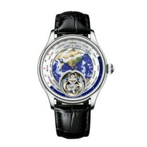 AESOP Real Flying Tourbillon Business Watches for Men 3D Earth Enamel Dial Mechanical Hand Wind Analog Wristwatches Stainless Steel Sapphire Waterproof Luminous Dress Man Watch with Leather Strap