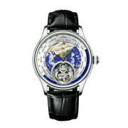 AESOP Real Flying Tourbillon Business Watches for Men 3D Earth Enamel Dial Mechanical Hand Wind Analog Wristwatches Stainless Steel Sapphire Waterproof Luminous Dress Man Watch with Leather Strap