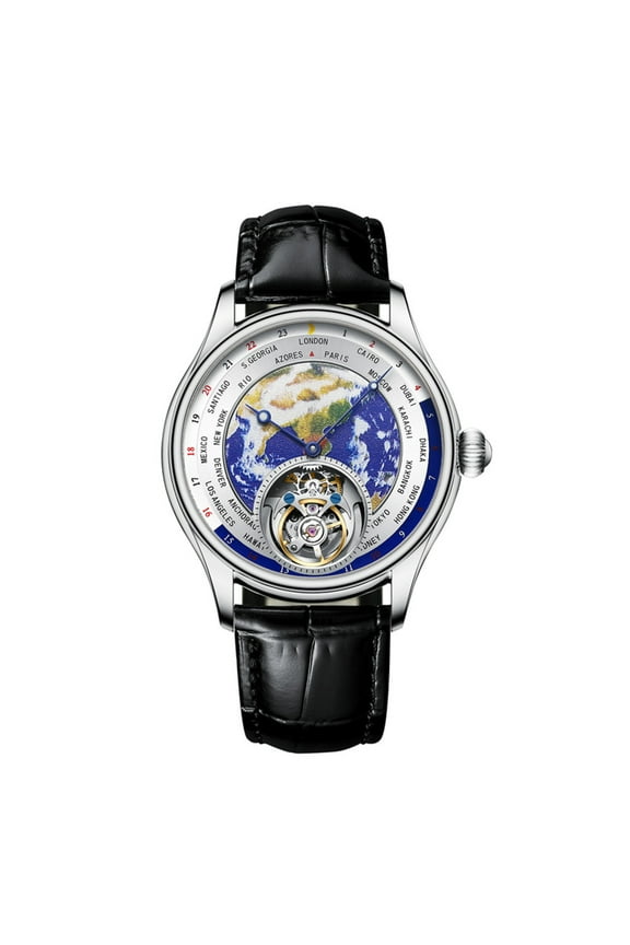 Real Flying Tourbillon Business Watches for Men 3D Earth Enamel Dial Mechanical Hand Wind Analog Wristwatches Stainless Steel Sapphire Waterproof Luminous Dress Man Watch with Leather Strap