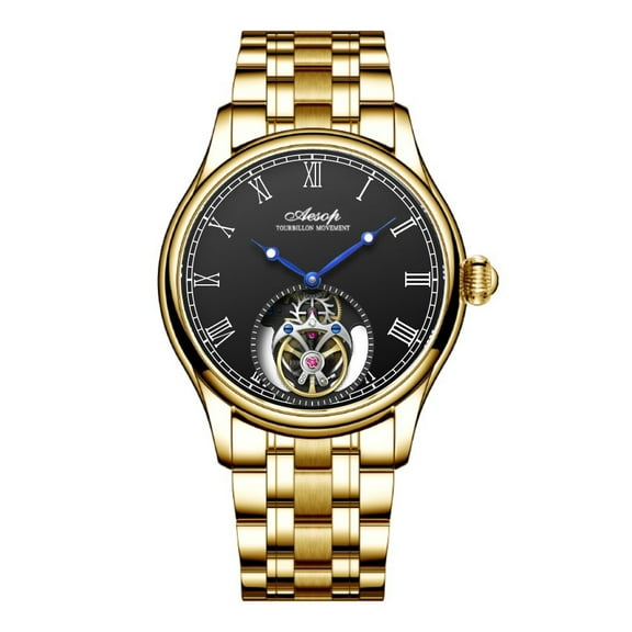 AESOP Real Flying Tourbillon Skeleton Mechanical Hand Wind Wrist Watch Men Sapphire Crystal Diamond Business Dress Hollow Clock Man Stainless Steel Leather Wristwatch