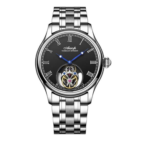 AESOP Real Flying Tourbillon Skeleton Mechanical Hand Wind Wrist Watch Men Sapphire Crystal Diamond Business Dress Hollow Clock Man Stainless Steel Leather Wristwatch