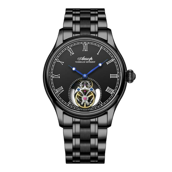AESOP Real Flying Tourbillon Skeleton Mechanical Hand Wind Wrist Watch Men Sapphire Crystal Diamond Business Dress Hollow Clock Man Stainless Steel Leather Wristwatch