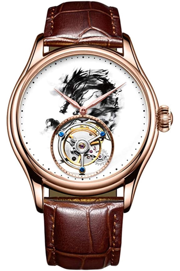 Real Tourbillon Skeleton Hand-Wind Mechanical Wrist Watch Men Sapphire Crystal Manual Business Dress Clock Man Luminous Leather Band Ink Dragon Dial