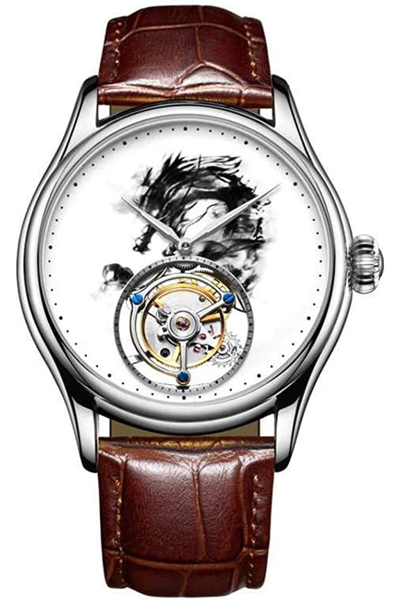 Real Tourbillon Skeleton Hand-Wind Mechanical Wrist Watch Men Sapphire Crystal Manual Business Dress Clock Man Luminous Leather Band Ink Dragon Dial