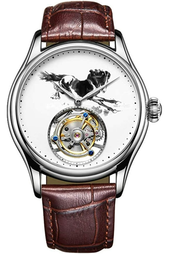 Real Tourbillon Skeleton Hand-Wind Mechanical Wrist Watch Men Sapphire Crystal Manual Business Dress Clock Man Luminous Leather Band Ink Horse Dial