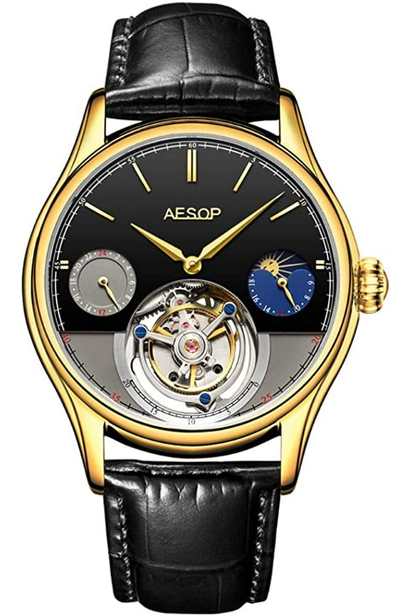 Real Tourbillon Skeleton Hand-Wind Mechanical Wrist Watch Men Sapphire Crystal Manual Dress Clock Man Luminous Leather Moon Phase Multifunction