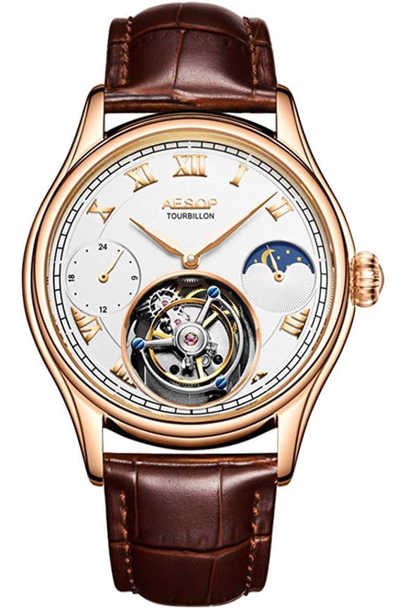 Real Tourbillon Skeleton Hand-Wind Mechanical Wrist Watch Men Sapphire Crystal Manual Dress Clock Man Luminous Leather Moon Phase Multifunction