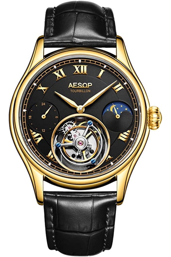 Real Tourbillon Skeleton Hand-Wind Mechanical Wrist Watch Men Sapphire Crystal Manual Dress Clock Man Luminous Leather Moon Phase Multifunction